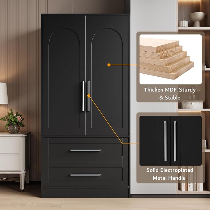 iPormis Wooden Armoire Wardrobe Closet with 2 Drawers, Clothing Storage Cabinet with Shelves Aluminum Hanging Rod, Wardrobe Storage with Strong Door Closure, Modern Bedroom Clothing Armoires, Black