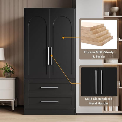 iPormis Wooden Armoire Wardrobe Closet with 2 Drawers, Clothing Storage Cabinet with Shelves Aluminum Hanging Rod, Wardrobe Storage with Strong Door Closure, Modern Bedroom Clothing Armoires, Black