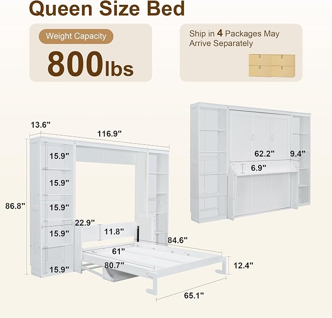 Olela Murphy Bed Queen Size with Small Desk and Bookcase, Vertical Murphy Wall Bed Cabinet Desk and Bookshelf Storage Combo, Space Saving Hideaway Beds for Home Office Guest Room, White