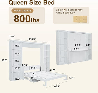 Olela Murphy Bed Queen Size with Small Desk and Bookcase, Vertical Murphy Wall Bed Cabinet Desk and Bookshelf Storage Combo, Space Saving Hideaway Beds for Home Office Guest Room, White