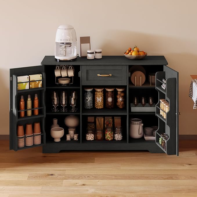 Gizoon 45" Coffee Bar Cabinet with Door and Shelves Kitchen Hutch with Countertop, Kitchen Buffer Cabinet with Storage for Bedroom and Living Room, Black