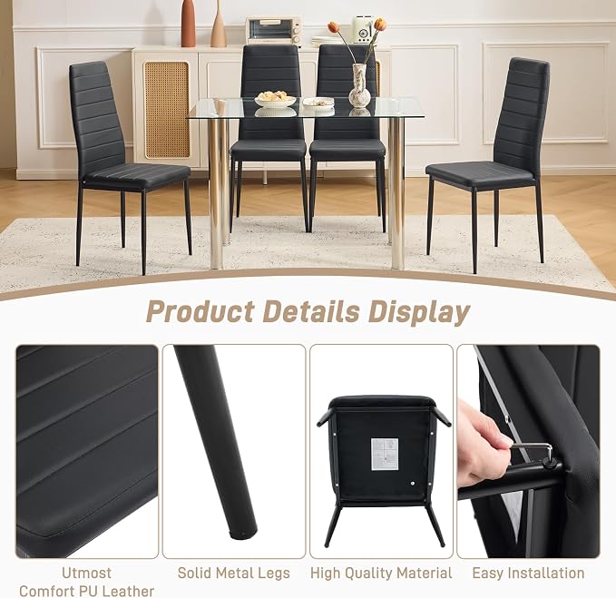 Karl home Dining Chairs Set of 4, PU Leather & High Back, Black | Black kitchen chairs with padded seats & foot cap protection for dining kitchen living room,300lbs capacity,space-saving