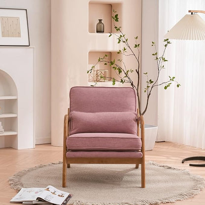 Bonnlo Linen Pink Mid Century Modern Accent Chair, Soild Wood Padding Lounge Armchairs Side Sitting Chairs for Living Room, Bedroom, Guest Room