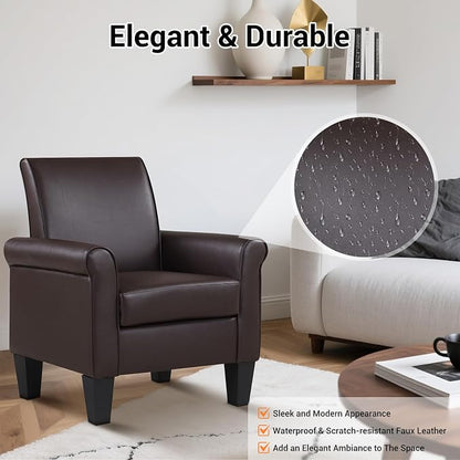 Pu Leather Accent Chair Set of 2, Overstuffed Mid Century Modern Living Room Chairs Upholstered Comfortable Reading Chair Fake Leather Armchair for Bedroom, Office -Brown