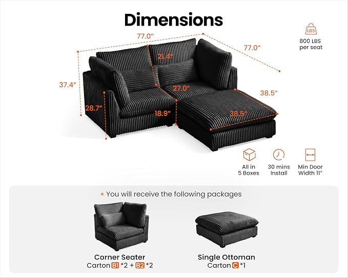 77" Oversized Corduroy Couch Modular Sectional Sofa, Washable Cloud Couch Sectional with Ottoman, 3 Seater Sectional Couches for Living Room, Fully Cover Removable, L Shaped, Corduroy, Black