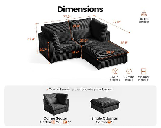 77" Oversized Corduroy Couch Modular Sectional Sofa, Washable Cloud Couch Sectional with Ottoman, 3 Seater Sectional Couches for Living Room, Fully Cover Removable, L Shaped, Corduroy, Black