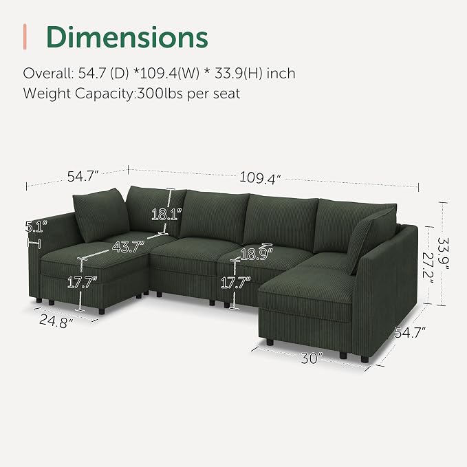 HONBAY Modular Sectional Sofa Couch with Storage, Modern U Shaped Sectional Sofa, Convertible Sectional Couch for Living Room - Green