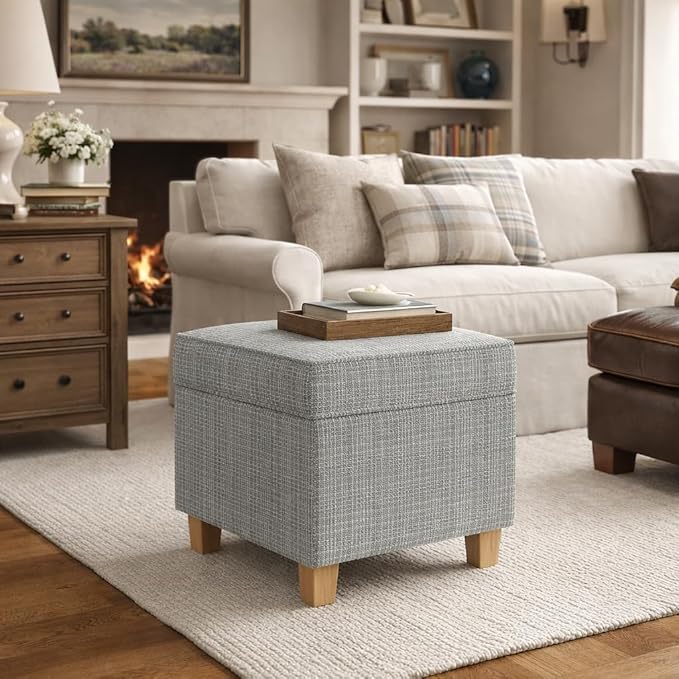 HomePop 18" Classic Square Storage Ottoman - Sage Mini Grid Pattern