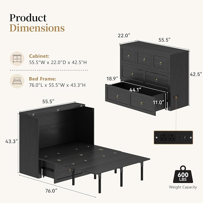 Ihanherry Full Murphy Bed with Storage Drawer, Farmhouse Cabinet Bed with LED Lights & Charging Station, Space Saving Wall Bed for Small Bedroom/Home Office, Noise Free & Easy Assembly, Rustic Black