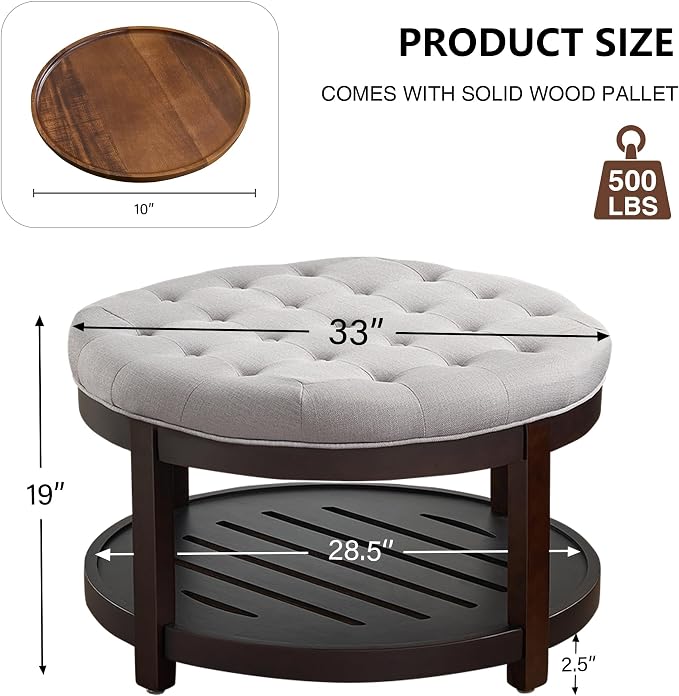 adochr Round Coffee Tables for Living Room,33’’ Storage Ottoman with Wooden Tray, Upholstered Ottoman Footrest Light Grey