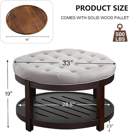 adochr Round Coffee Tables for Living Room,33’’ Storage Ottoman with Wooden Tray, Upholstered Ottoman Footrest Light Grey