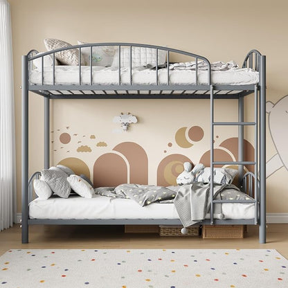 GarveeHome Metal Bunk Bed Twin Over Twin, Heavy Duty Bunkbeds Frame with Arched Guardrail and Safety Ladder, Sturdy Steel Bed for Kids Boys Girls, Space-Saving, No Box Spring Needed, Gray