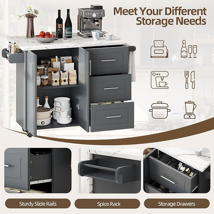 4 EVER WINNER Kitchen Island on Wheels with Storage and Drop Leaf, Faux Marble Texture Tabletop, 43" Kitchen Island Cart with Towel Rack & Spice Rack, Rolling Islands Cart for Kitchen, Gray