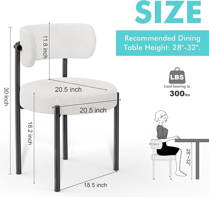 PatioPerk Boucle Dining Chairs Set of 6, White Mid Century Morden Chair with Curved Backrest, Round Upholstered Sherpa with Metal Legs, Suitable for Various Kitchen Styles