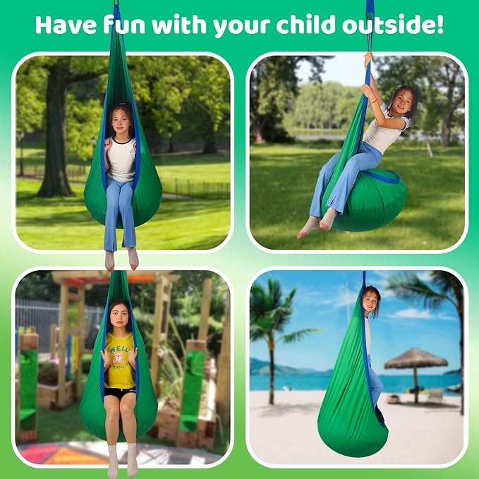 HiCamer Sensory Swing for Kids Indoor and Outdoor Pod Hammock Chair Seat Upgrade Max 300 lbs Hanging Swing with Inflatable Cushion Includes Hardware Hanger Kit for Aspergers Autism ADHD (Green)