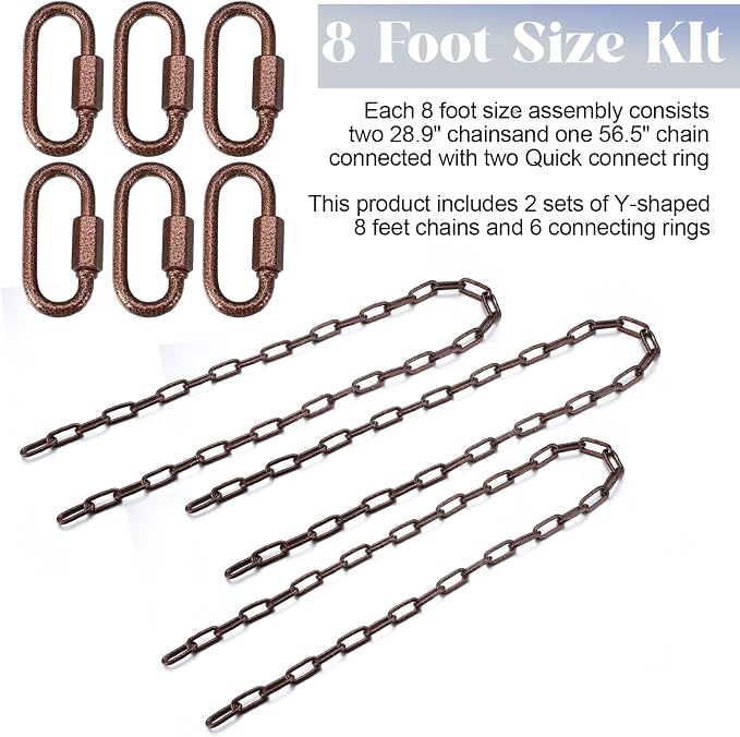Heavy Duty Porch Swing Hanging Chain Kit (2 Pack) 1500 Lbs Capacity, up to 8 ft Length- Rustproof Zinc-Plated, 6 Quick Links & 2 Y-Chain Assemblies(Bronze,Better Rust Protection)