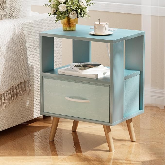 Huhote Kids Nightstand, 2-Tier Night Stand with Charging Station and Drawer, Modern Side Table for Bedroom, Study Room, Small Spaces, Blue