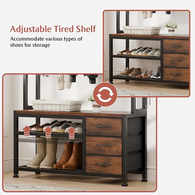 Lulive Hall Tree with Bench and Shoe Storage, 31.5" Coat Rack Freestanding with 2-Tier Storage Shelf, 6-in-1 Entryway Bench Coat Rack with 12 Hooks and 3 Drawers(Rustic Brown)