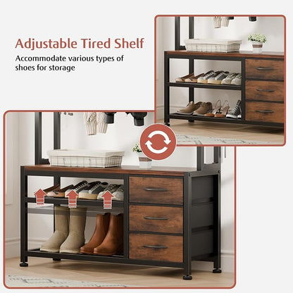 Lulive Hall Tree with Bench and Shoe Storage, 31.5" Coat Rack Freestanding with 2-Tier Storage Shelf, 6-in-1 Entryway Bench Coat Rack with 12 Hooks and 3 Drawers(Rustic Brown)