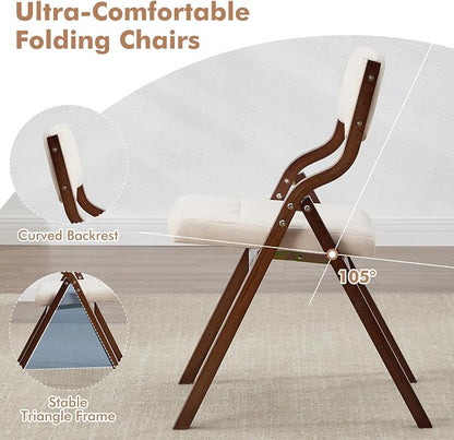 2-Pack Folding Dining Chairs with Cushion,Padded Foldable Dining Chairs,Portable Wooden Folding Chairs for Dining Rooms Kitchen Wedding and Party Indoor Walnut Beige