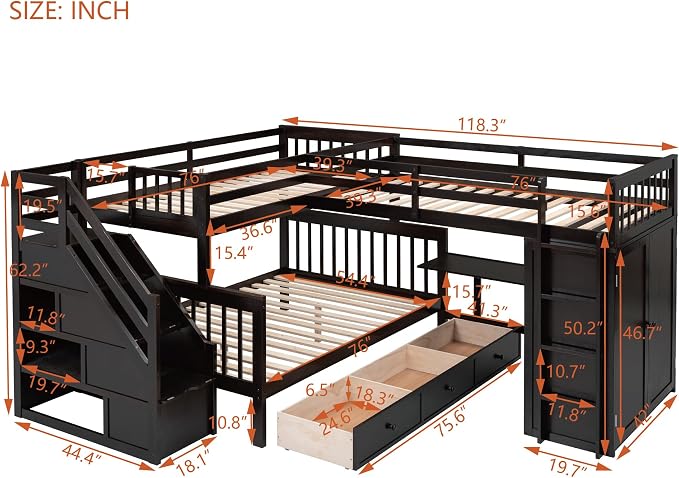 L-Shaped Bunk Bed for 4 Kids, Twin-Twin Over Full with 3 Drawers, Portable Desk and Wardrobe, Solid Wood Bedframe with Stairs and Full-Length Guardrails, No Box Spring Needed (Espresso)