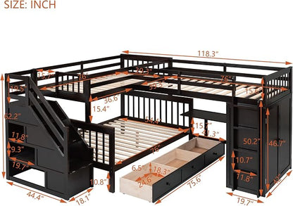 L-Shaped Bunk Bed for 4 Kids, Twin-Twin Over Full with 3 Drawers, Portable Desk and Wardrobe, Solid Wood Bedframe with Stairs and Full-Length Guardrails, No Box Spring Needed (Espresso)