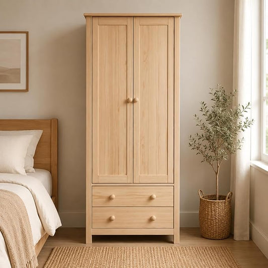 From the Tree Furniture Wardrobe – 2-Door Armoire with 2 Drawers, Unfinished Pine, 29.52″ W × 20.86″ D × 70.86″ H – Bedroom Closet with Hanging Rail & Metal Runners