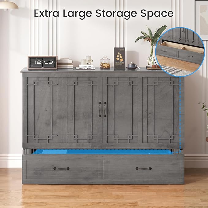 PUREMIND Queen Murphy Bed with Mattress Included, Murphy Cabinet Bed with Storage Drawer, Built-in Charging Station, Solid Wood Frame, Space-Saving Cabinet Beds for Small Spaces/Guest Room (Gray)