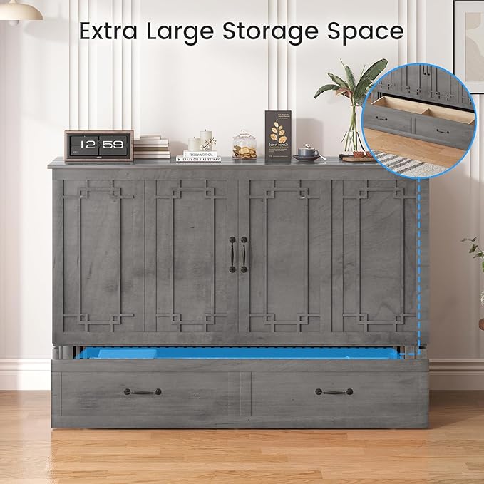 PUREMIND Queen Murphy Bed, Solid Wood Multi-Functional Cabinet Bed with Storage Drawer, USB Charging Ports and Folding Tray, Space Saving Hideaway Murphy Beds Cabinet for Guest Room, No Mattress