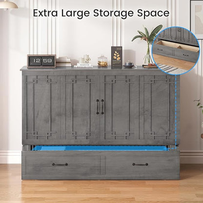 PUREMIND Queen Murphy Bed with Mattress Included, Murphy Cabinet Bed with Storage Drawer, Built-in Charging Station, Solid Wood Frame, Space-Saving Cabinet Beds for Small Spaces/Guest Room (Gray)