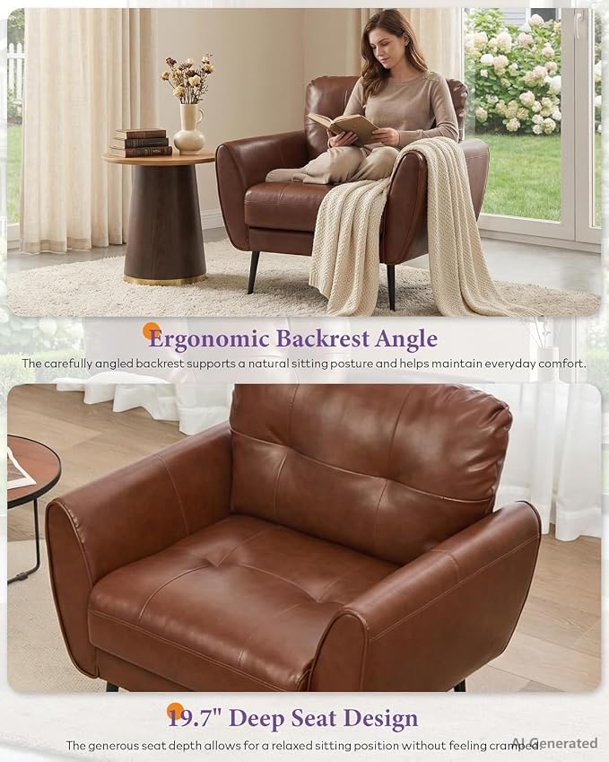 TYBOATLE Accent Chair, Comfy Modern Living Room Brown Leather Reading Accent Chairs Tufted Mid Century Arm Chair Small Salon Chair for Office Bedroom(1, Brown)