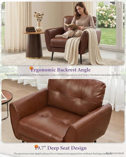 TYBOATLE Accent Chair, Comfy Modern Living Room Brown Leather Reading Accent Chairs Tufted Mid Century Arm Chair Small Salon Chair for Office Bedroom(1, Brown)