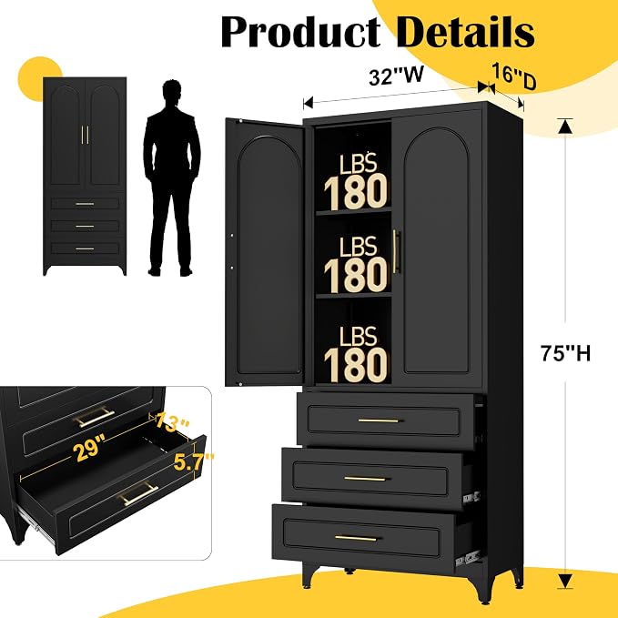 SteeLoong Metal Kitchen Pantry Storage Cabinet with 3 Drawers，75 Inch Black Food Pantry Cabinets for Kitchen Storage with 2 Adjustable Shelves,Tall Storage Cupboard for Living Room,Dining Room Office