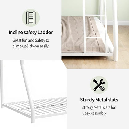 Metal Bunk Bed Twin Over Full Size with Removable Stairs, Heavy Duty Sturdy Frame with Full Length Safety Guardrail for Teen & Adults, Teens, No Box Spring Needed (White)