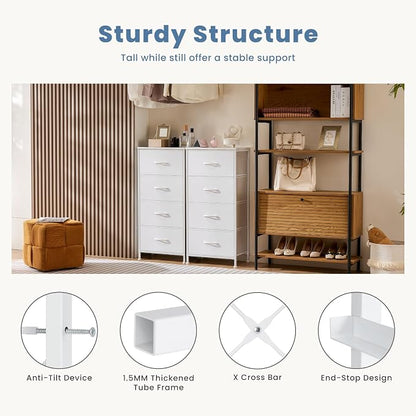 DUMOS Nightstand Bedside Table with 4 Drawers, Removable Fabric Bins with Steel Frame Wood Top, Organizer Furniture for Bedroom Closet Living Room, Chalky