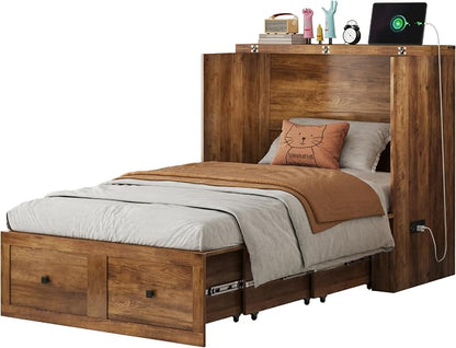 LUXOAK Twin Murphy Bed with Built-in Charging Station and Storage Drawer, Farmhouse Foldable Cabinet Bed for Guest Room, Apartment or Home Office, Barnwood