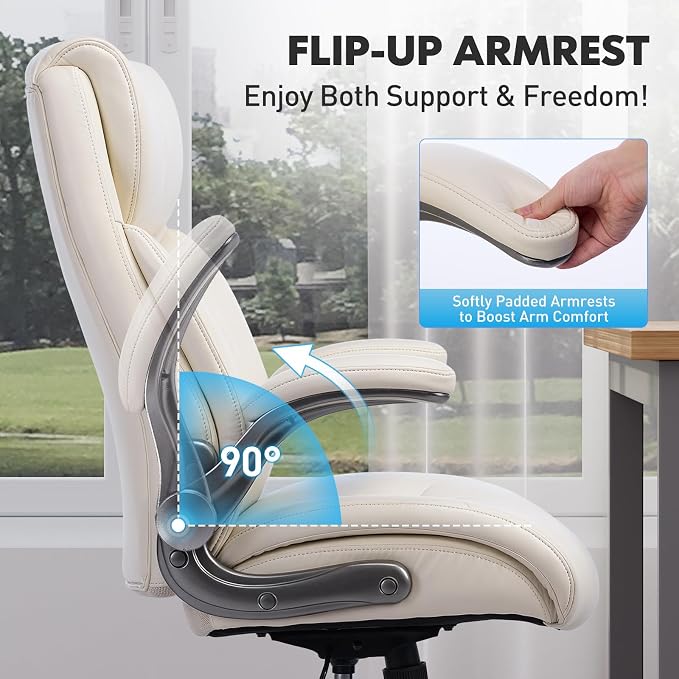 MALOL Ergonomic High-Back Executive Office Chairs, Heavy Duty Home Computer Chair with Lumbar Support, Flip-Up Arms, and PU Leather Upholstery, Beige