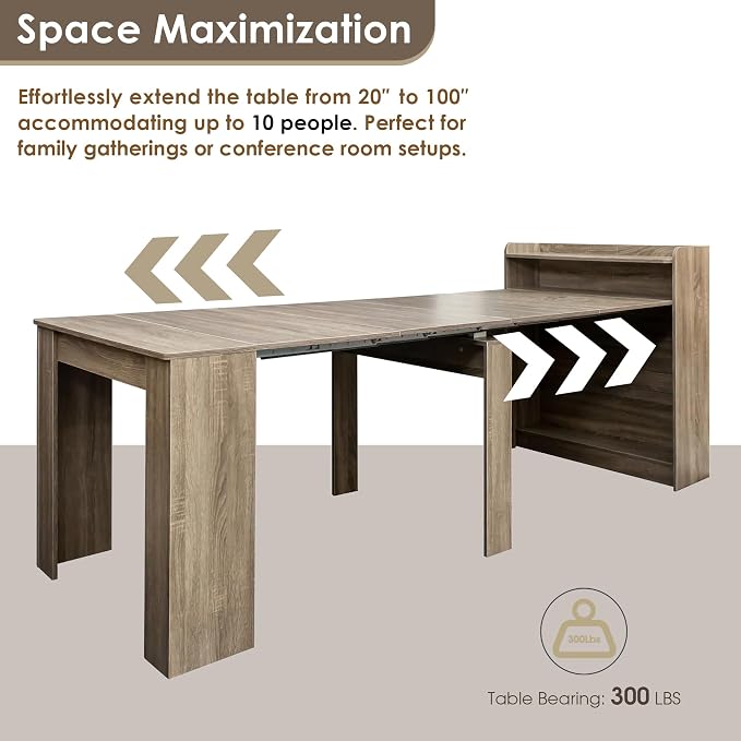 20"-99" Extendable Dining Table with Storage for 2-10 People, Modern Modular Extension Table, Space-Saving Extra Long Multifunctional Folding Dining Table, Oak