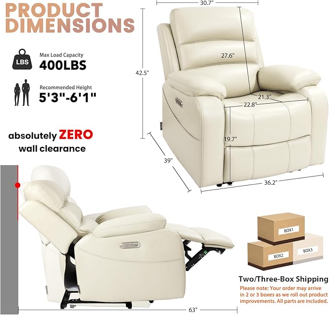 EONIX Power Zero Wall Hugger Power Recliner Chair for Small Space RV Living Room,Power Recliner with Massage and Heat, USB & USB-C Charging Ports, SXXY003992, Cream White