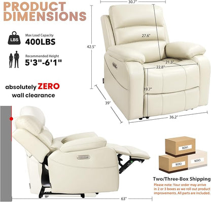 EONIX Power Zero Wall Hugger Power Recliner Chair for Small Space RV Living Room,Power Recliner with Massage and Heat, USB & USB-C Charging Ports, SXXY003992, Cream White