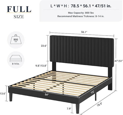 Allewie Full Bed Frame, Velvet Upholstered Platform Bed with Vertical Channel Tufted Headboard, Mattress Foundation with Strong Wooden Slats, Box Spring Optional, Easy Assembly, Black