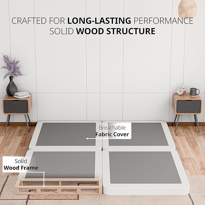 Box Spring Bed Base King Size, 2-Inch Wood Mattress Foundation - Amish Made in USA – Quiet Noise Free, Under Mattress-Support BoxSpring, Fully Assembled, White