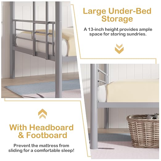 VECELO Metal Bunk Bed Twin Over Twin, Industrial Bunkbeds with Ladder and Full-Length Guardrail, Noise Free, No Boxing Spring Needed, Grey