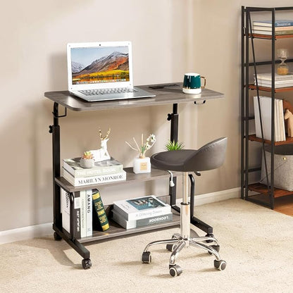 Mobile Laptop Desk with Power Outlets, Height Adjustable TV Tray Table with Storage Shelf, Rolling Computer Table with USB Ports (Grey Oak)