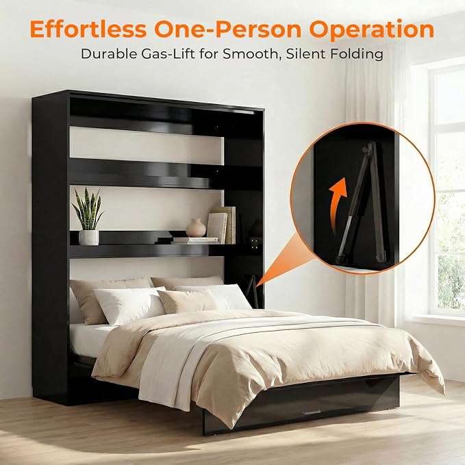 CECER Queen Vertical Murphy Wall Bed，Space Saving for Offices/Guest-Black | Durable Gas-Lift for smooth folding，16 Color Controllable LED Lights，Sturdy frame ＆ Easy Assemble，High Gloss Panel