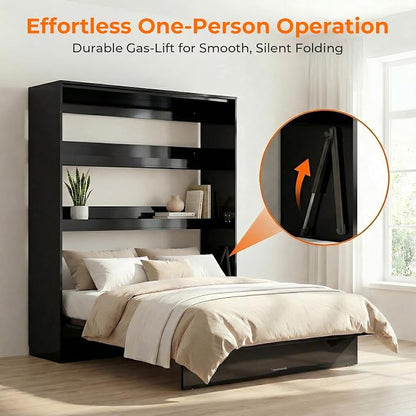 CECER Queen Vertical Murphy Wall Bed，Space Saving for Offices/Guest-Black | Durable Gas-Lift for smooth folding，16 Color Controllable LED Lights，Sturdy frame ＆ Easy Assemble，High Gloss Panel