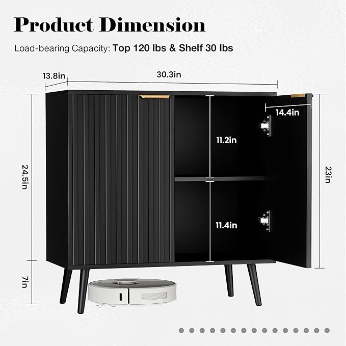 Set of 4 Fluted Storage Cabinet, Buffet Cabinet with Storage, Wood Sideboard with Adjustable Shelf, Modern Accent Cabinet & Console Table for Entryway, Living Room, Dining Room, Black