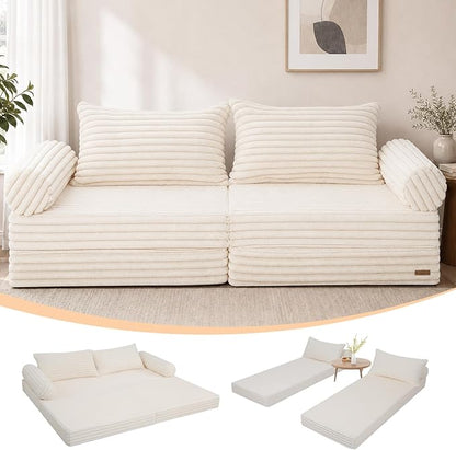 MeMoreCool Convertible Sofa Bed, Folding Floor Couch Bed Queen, Pull Out Sleeper Couch with Pillows, Fold Out Futon Sofa for Bedroom Living Room Small Space, Soft Corduroy