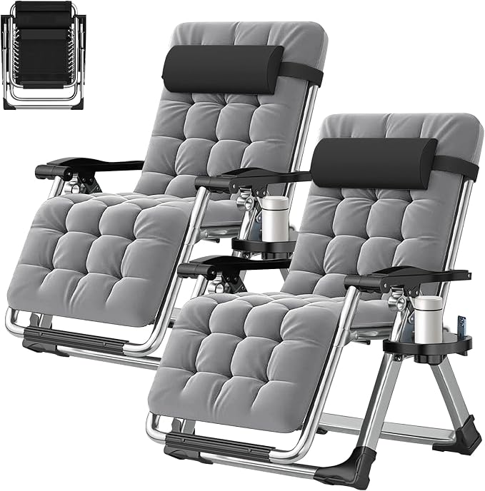 ABORON 2 Pack Zero Gravity Chair, Outdoor Lounge Chairs Sun Loungers with Removable Cushion,Headrest,Cup Holder,Reclining Patio Lounger Chair for Indoor and Outdoor