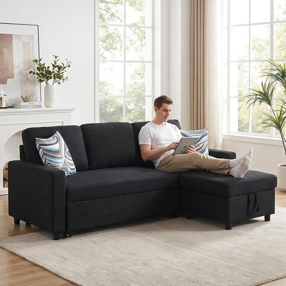 Pull Out Couch, L Shaped Sectional Couch with Pull Out Bed, Convertible Sofa Bed with Storage Chaise, Queen Size Sleeper Sofa, Sofa Bed Couch, Sleeper Sofa with Storage, Black